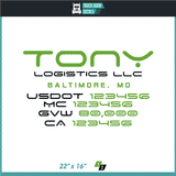 Company Name, Truck Door Decal, Location, USDOT, MC, CA, GVW