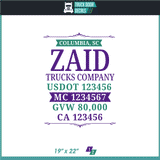 Company Name, Truck Door Decal, Location, USDOT, MC, CA, GVW