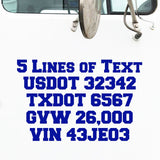 5 lines of text truck decal, usdot, mc, ca, gvw