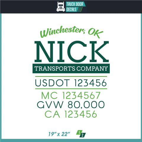 Company Name, Truck Door Decal, Location, USDOT, MC, CA, GVW