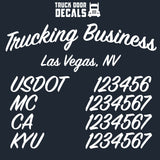 company name, location, usdot, mc, ca & kyu decal sticker