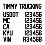 company name truck decal with usdot mc ca kyu vin