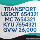transport, usdot mc kyu gvw lettering decal sticker metallic