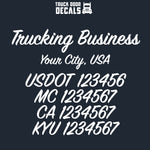 trucking business name, location, usdot, mc, ca & kyu decal sticker