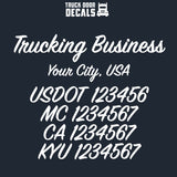 trucking business name, location, usdot, mc, ca & kyu decal sticker