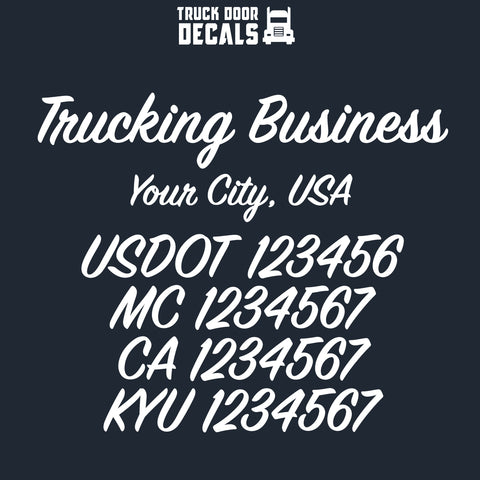 trucking business name, location, usdot, mc, ca & kyu decal sticker