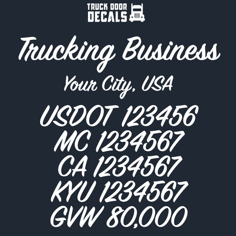 trucking business name, location, usdot, mc, ca, kyu & gvw decal sticker