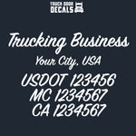 trucking business name, location, usdot, mc, ca decal sticker (semi truck door lettering)